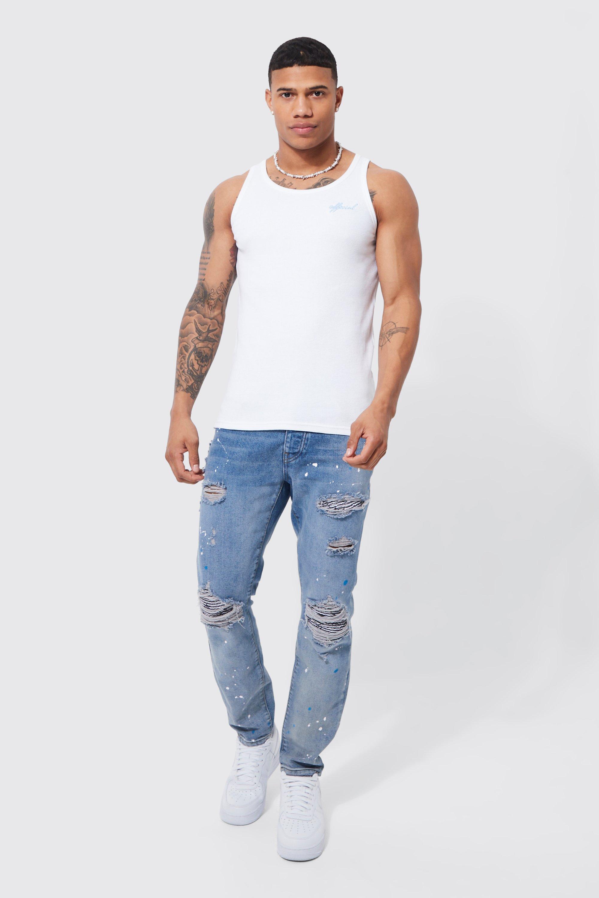 Slim Fit Rip & Repair Paint Splatter Jeans | boohoo USA